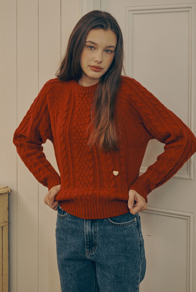 A RAGLAN CABLE WOOL KNIT_RED
