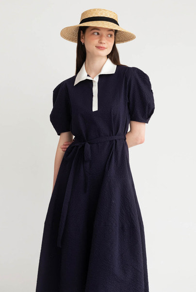 A POINTED COLLAR LONG DRESS_NAVY